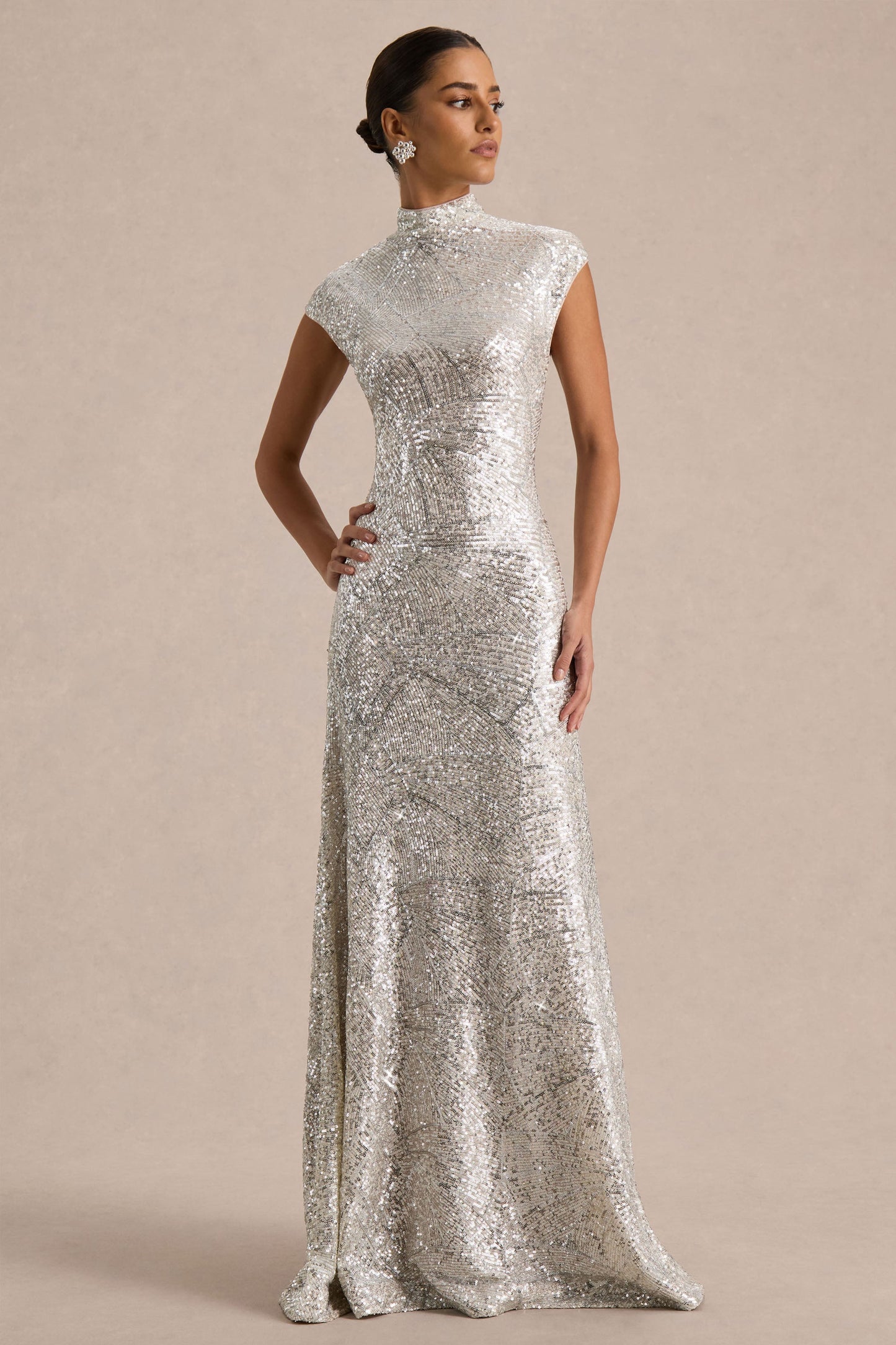 Neck Maxi Dress With Cap Sleeves Cecy Silver Sequin Maxi Dress