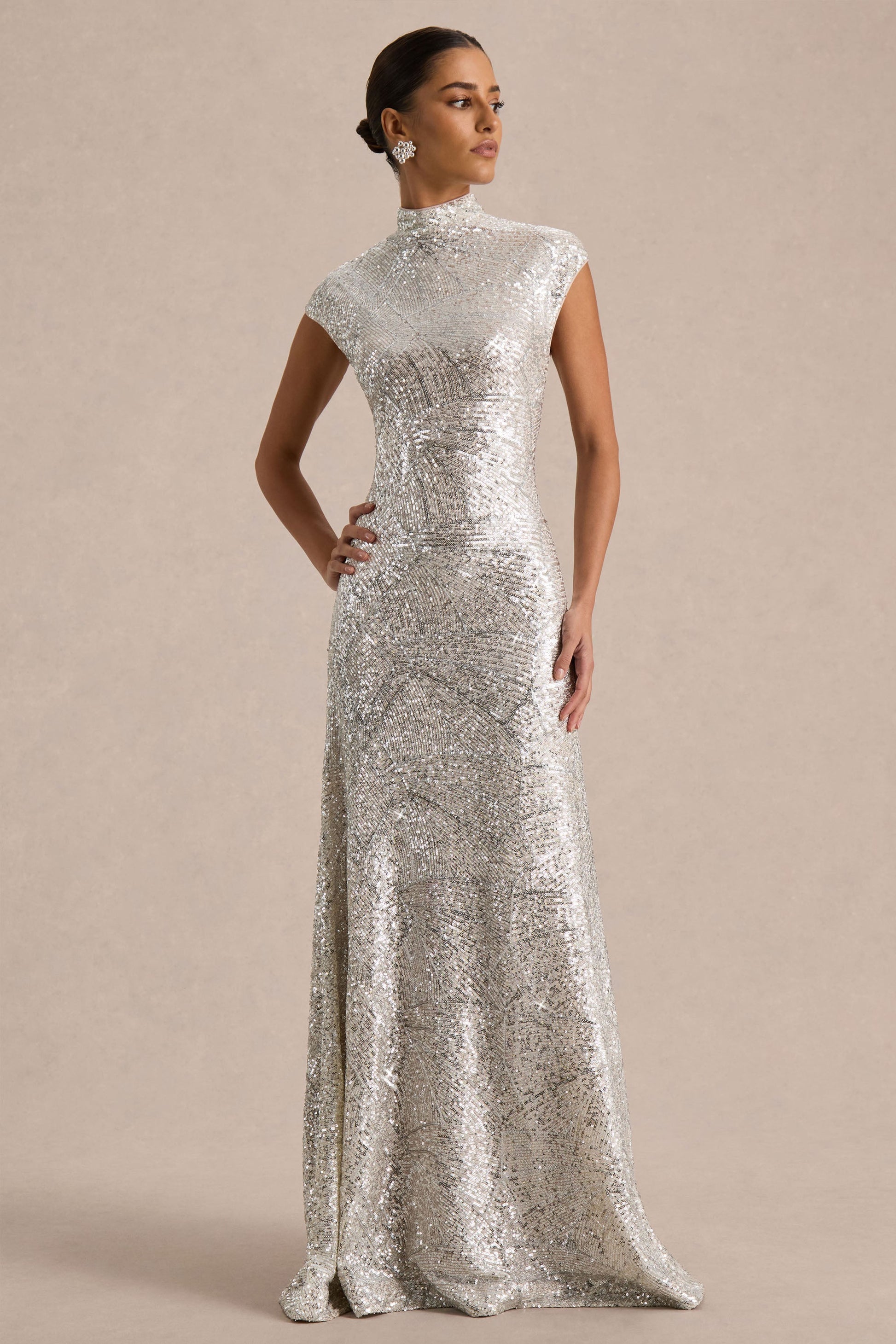 Neck Maxi Dress With Cap Sleeves Cecy Silver Sequin Maxi Dress