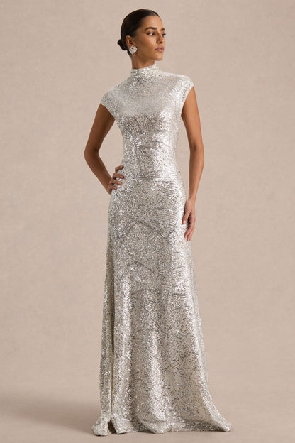 Neck Maxi Dress With Cap Sleeves Cecy Silver Sequin Maxi Dress