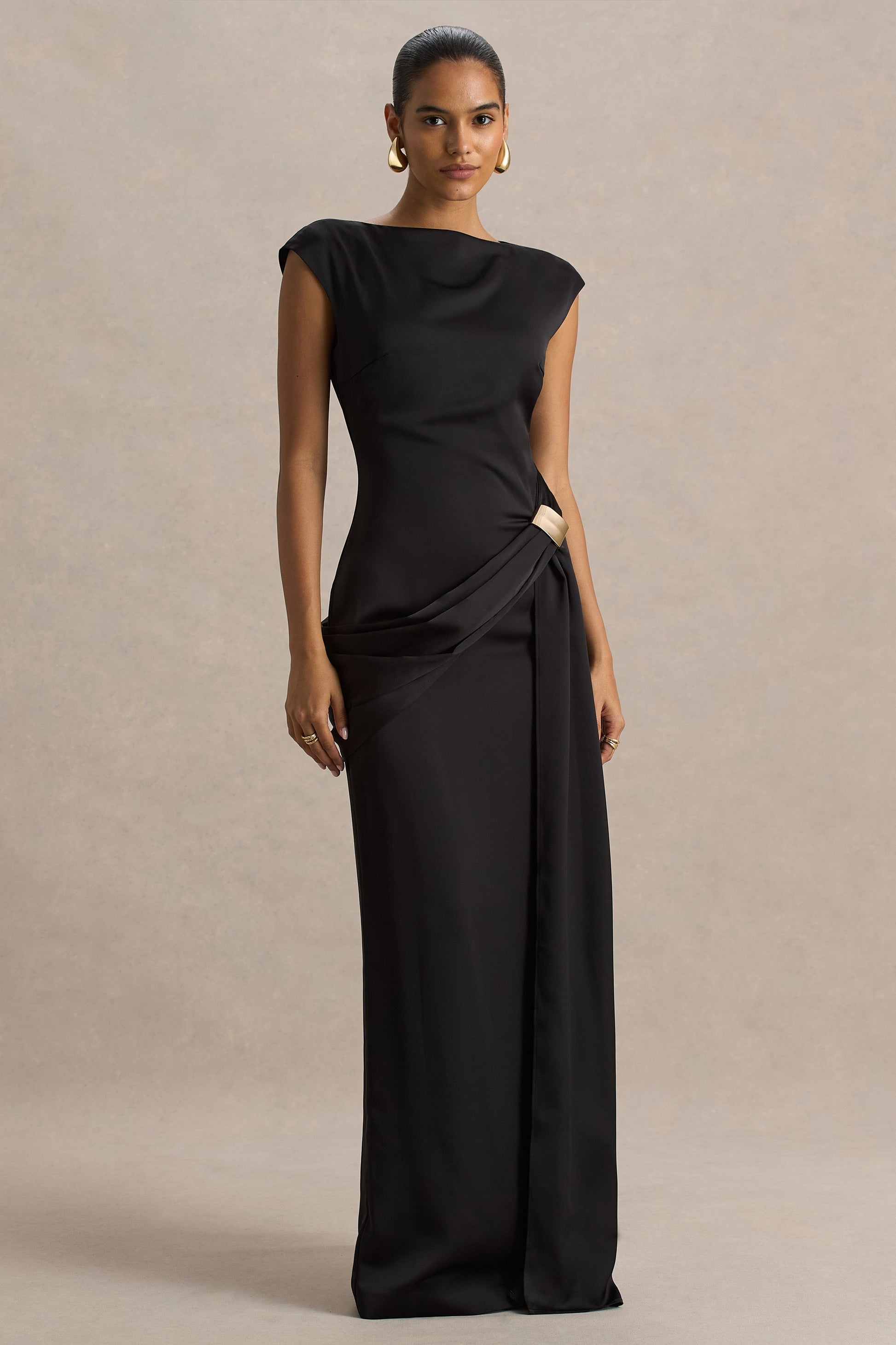 Neck Maxi Dress With Embellished Detail And Sash Influence Black Satin Maxi Dress