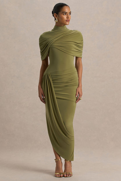 olive Enchant Olive Asymmetric Cape Midi Dress