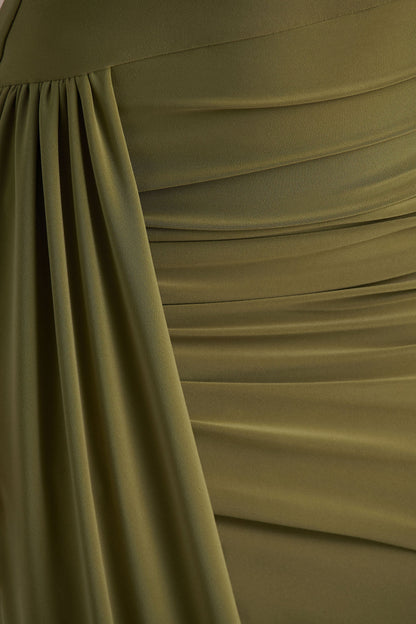 olive Enchant Olive Asymmetric Cape Midi Dress