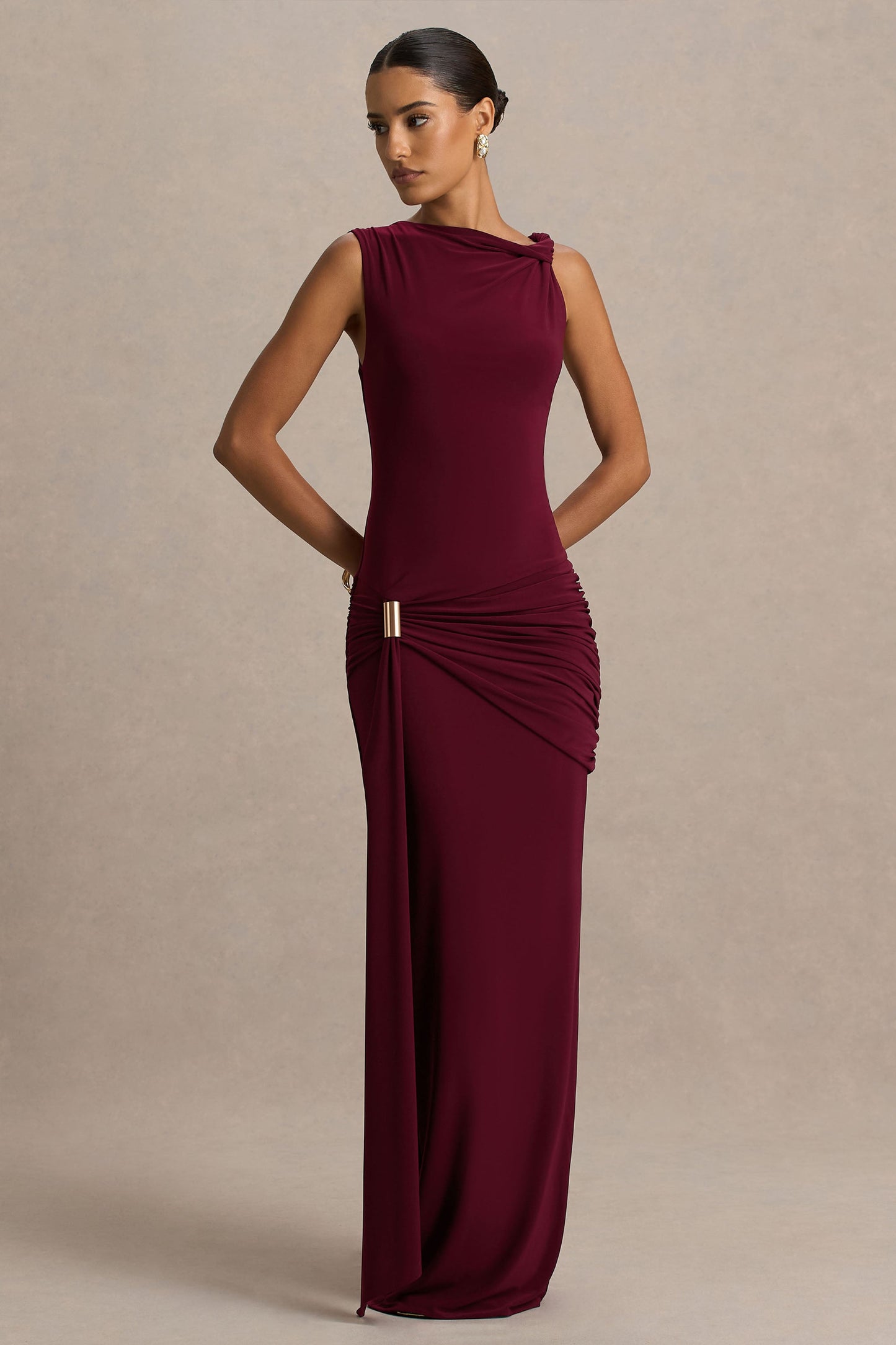 Sleeve Valentina Burgundy High-Neck Maxi Dress