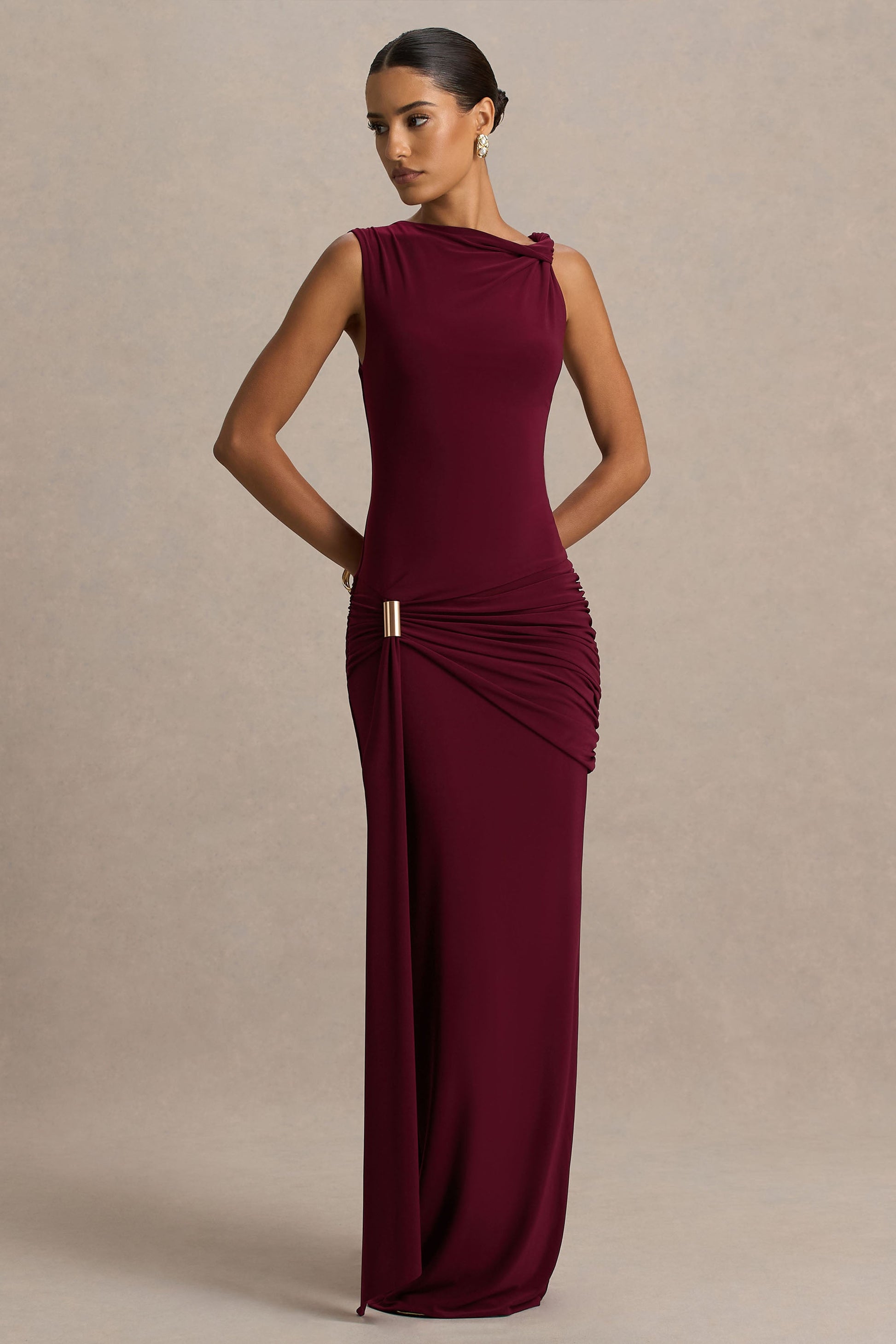 Sleeve Valentina Burgundy High-Neck Maxi Dress