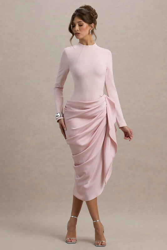 Sleeve Midi Dress With Satin Wrap Skirt Raffie Satin Wrap Midi Dress