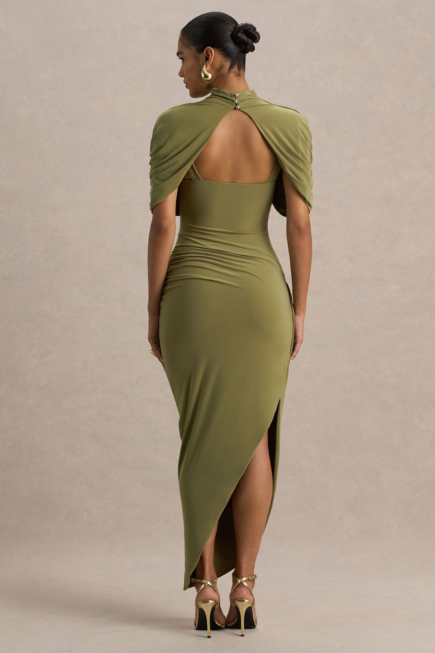 olive Enchant Olive Asymmetric Cape Midi Dress