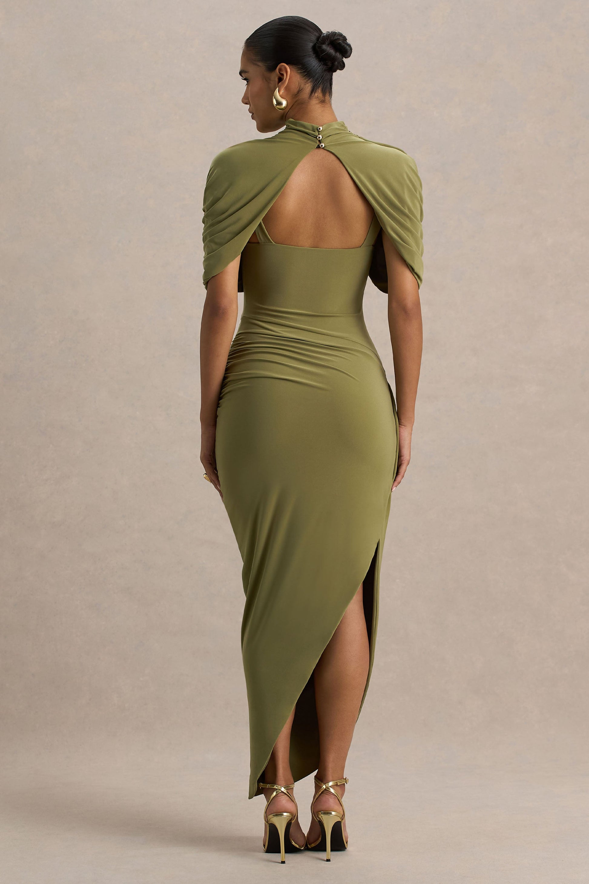 olive Enchant Olive Asymmetric Cape Midi Dress
