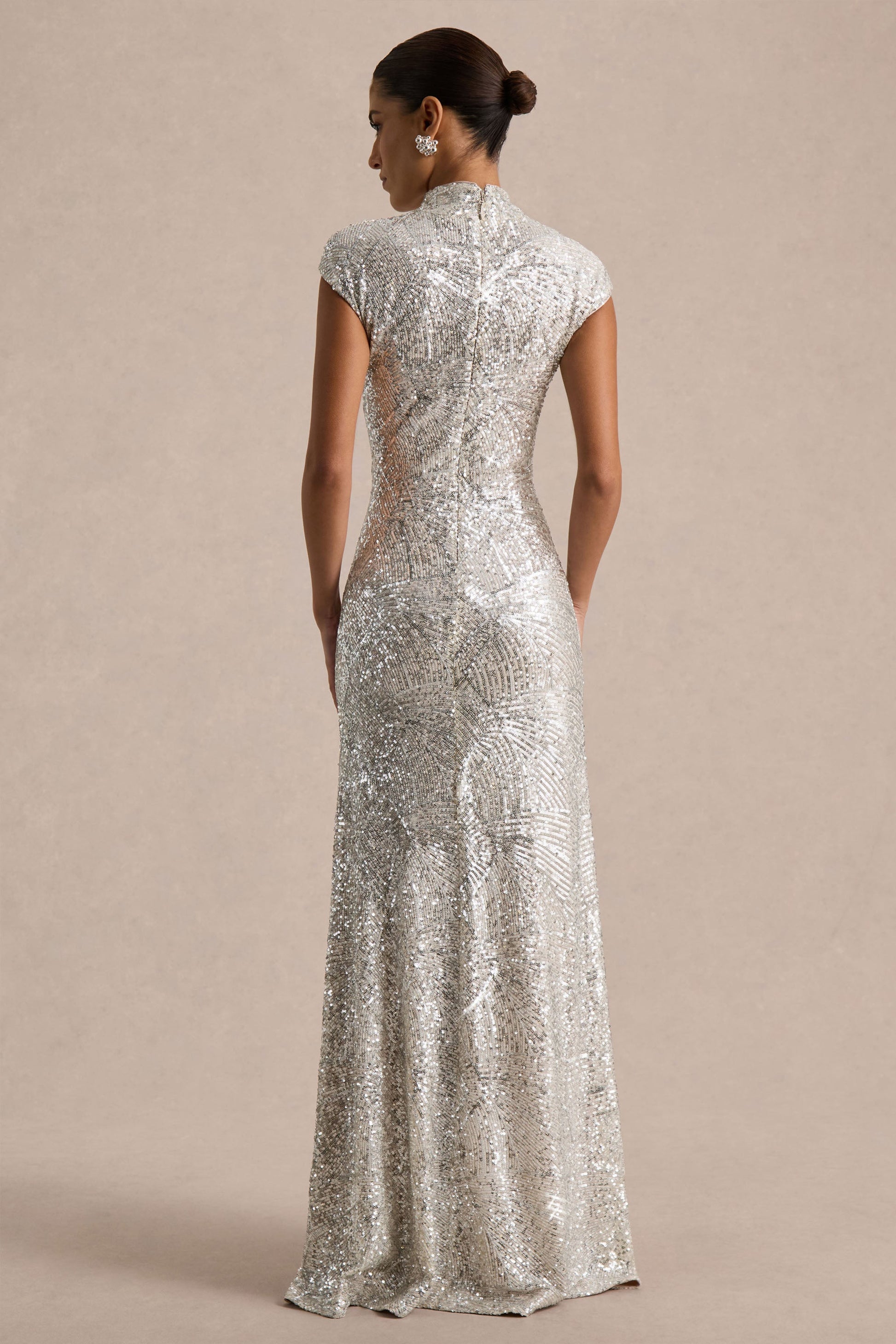 Neck Maxi Dress With Cap Sleeves Cecy Silver Sequin Maxi Dress