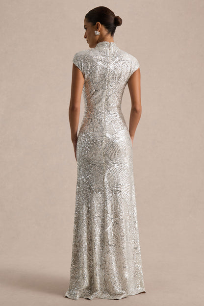 Neck Maxi Dress With Cap Sleeves Cecy Silver Sequin Maxi Dress