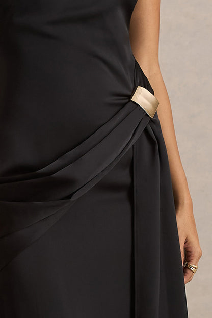 Neck Maxi Dress With Embellished Detail And Sash Influence Black Satin Maxi Dress