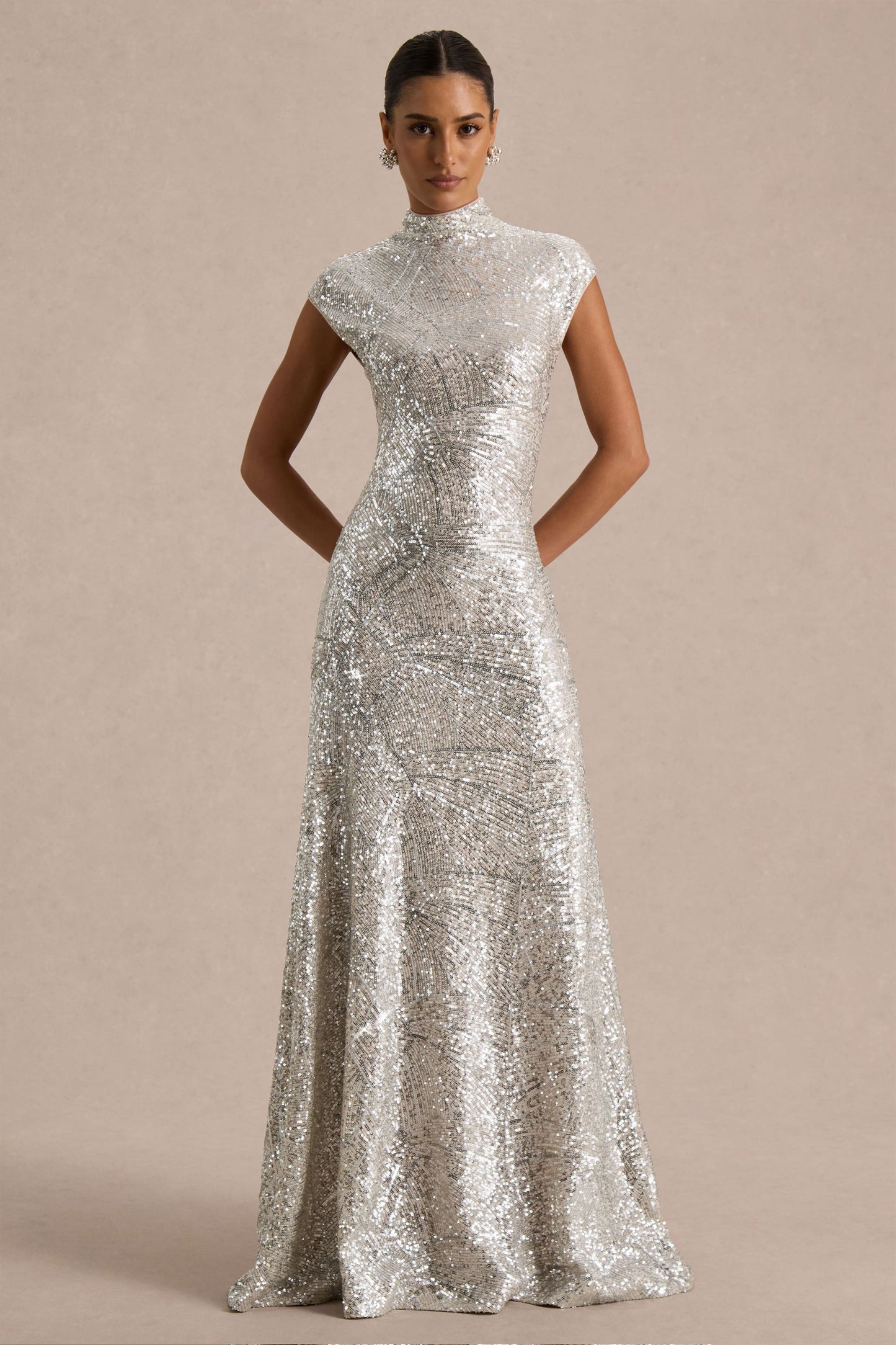 Neck Maxi Dress With Cap Sleeves Cecy Silver Sequin Maxi Dress