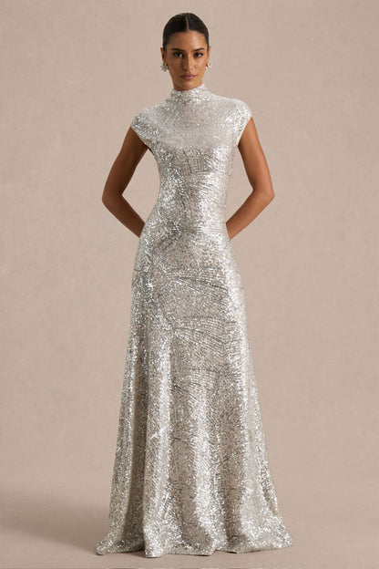 Neck Maxi Dress With Cap Sleeves Cecy Silver Sequin Maxi Dress