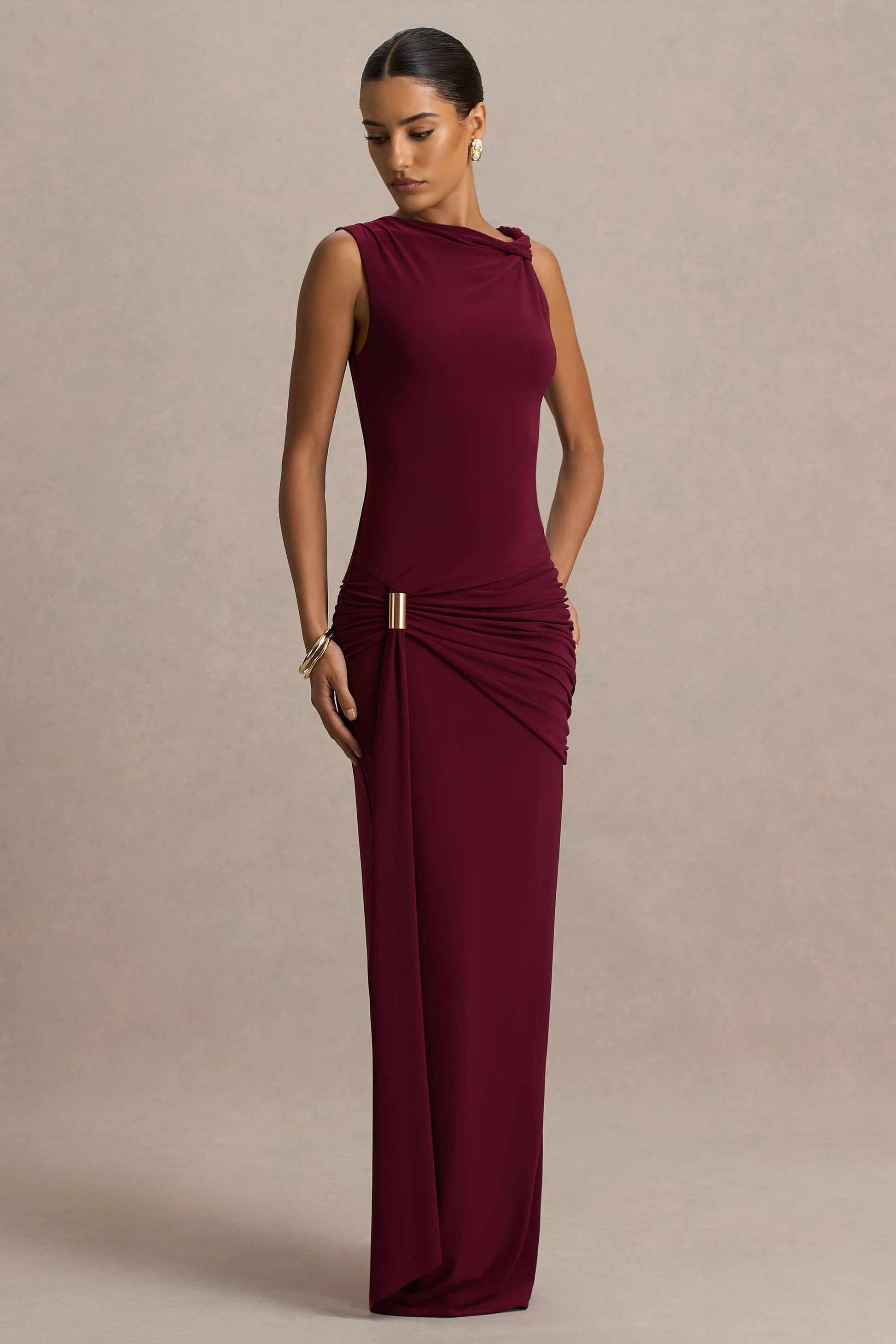 Sleeve Valentina Burgundy High-Neck Maxi Dress