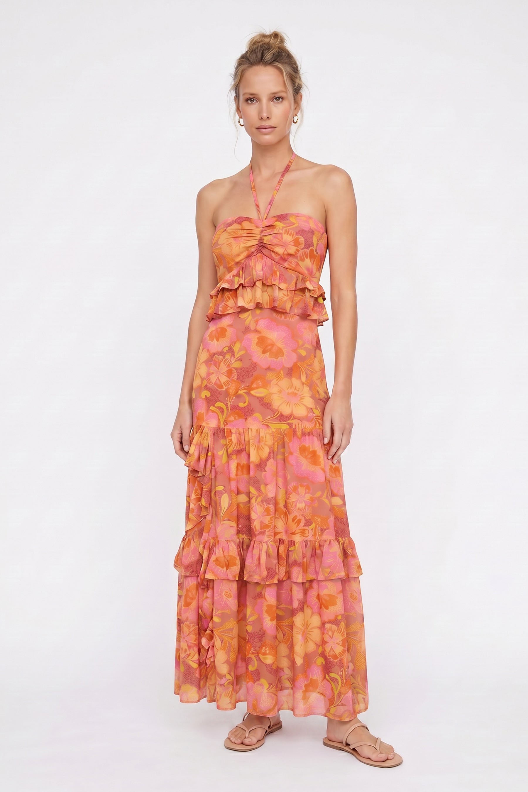 Pink Orange Floral Solana Floral Maxi Dress