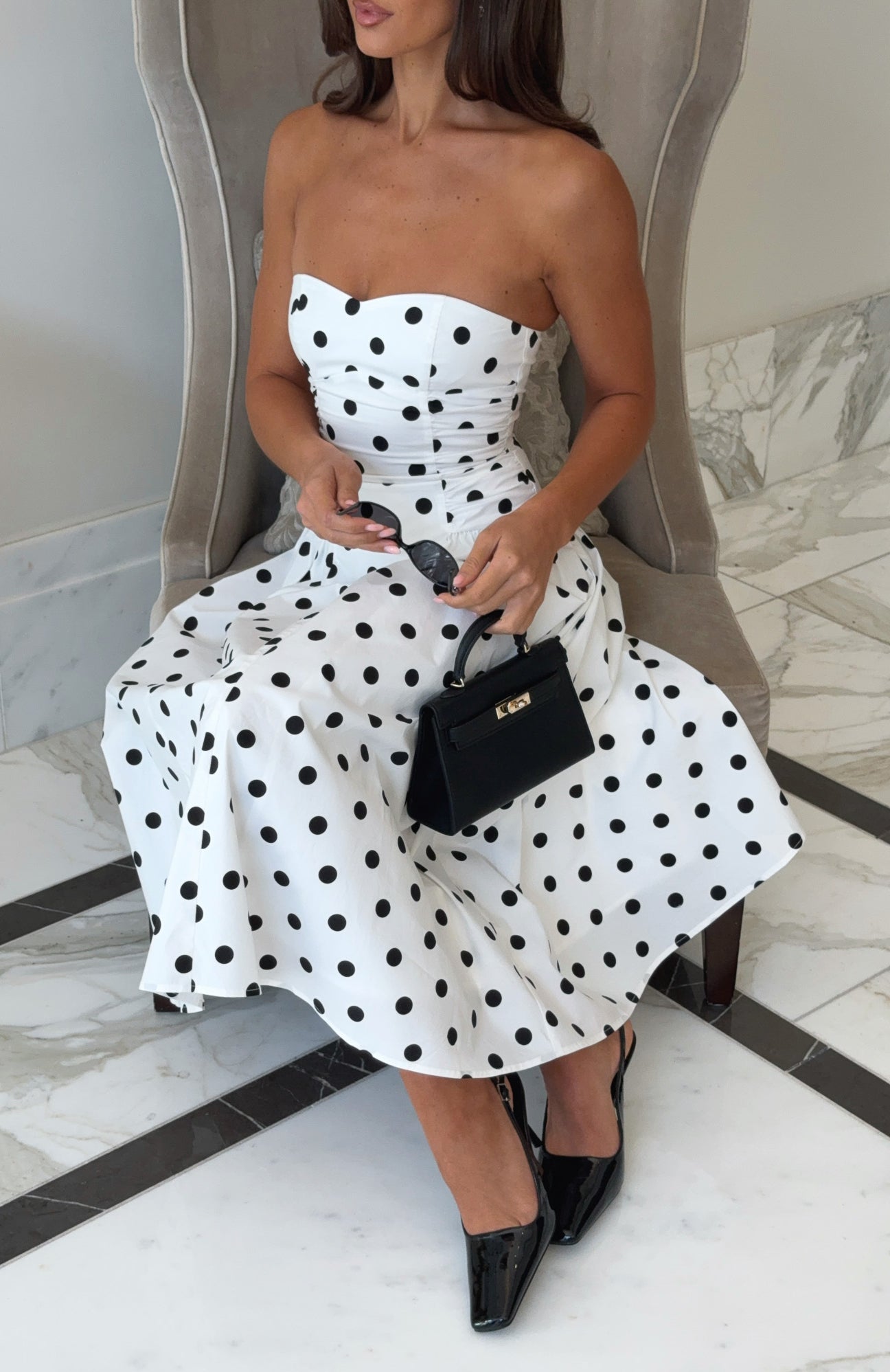 Love Strapless Midi Dress White/Black Polka Dot Ophelia Polka Dot Strapless Midi Dress