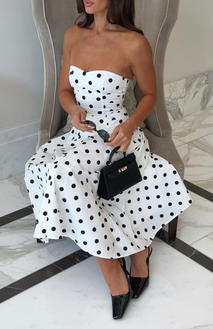 Love Strapless Midi Dress White/Black Polka Dot Ophelia Polka Dot Strapless Midi Dress