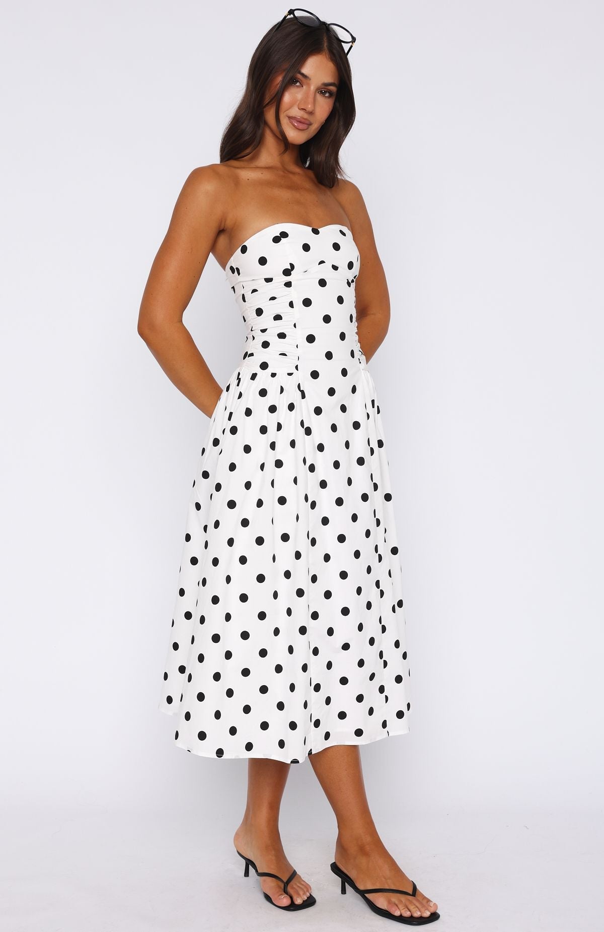 Love Strapless Midi Dress White/Black Polka Dot Ophelia Polka Dot Strapless Midi Dress