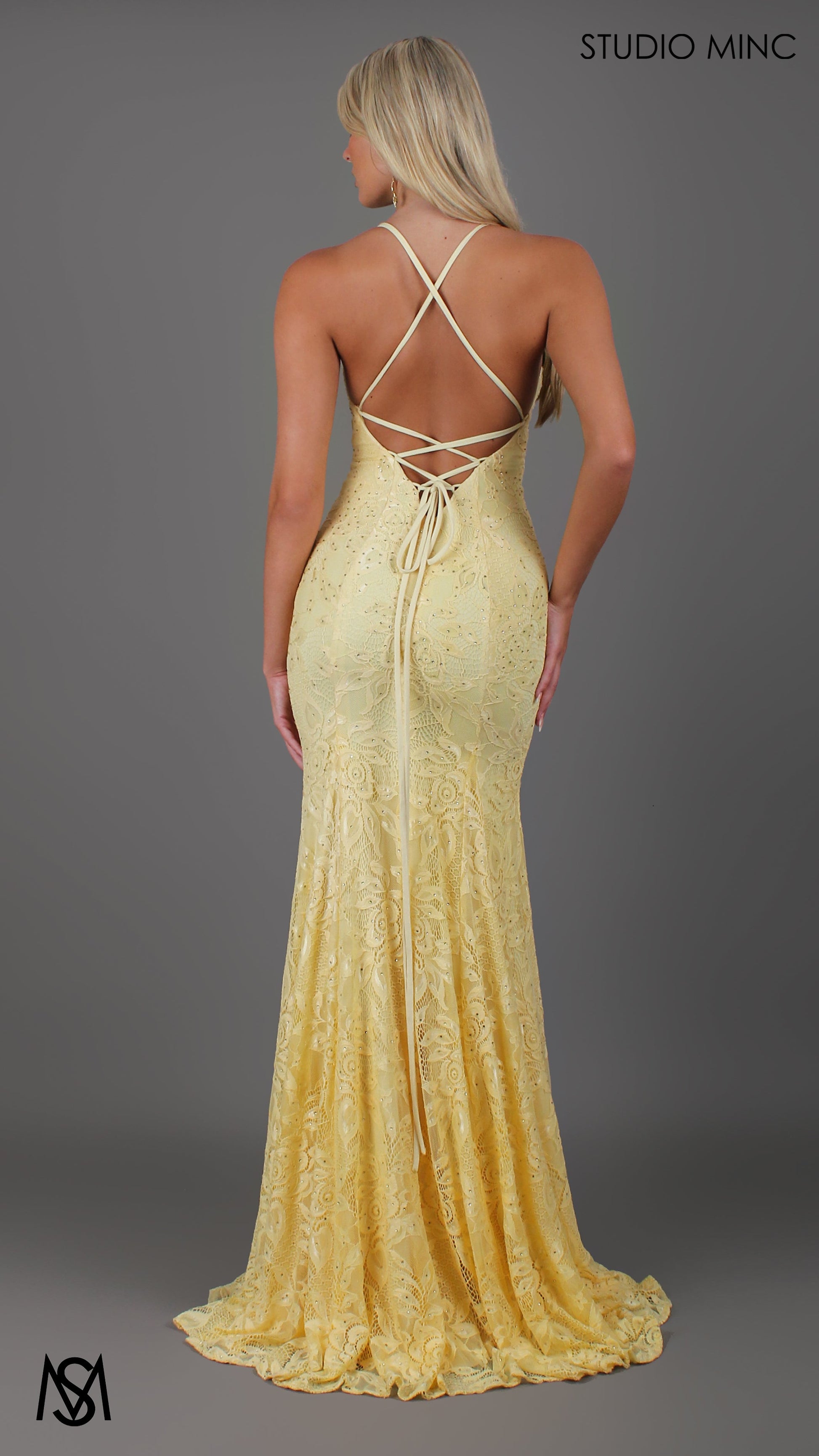 Light yellow formal dress | lace V neckline fitted mermaid lace up Jasmine Lace Mermaid Dress