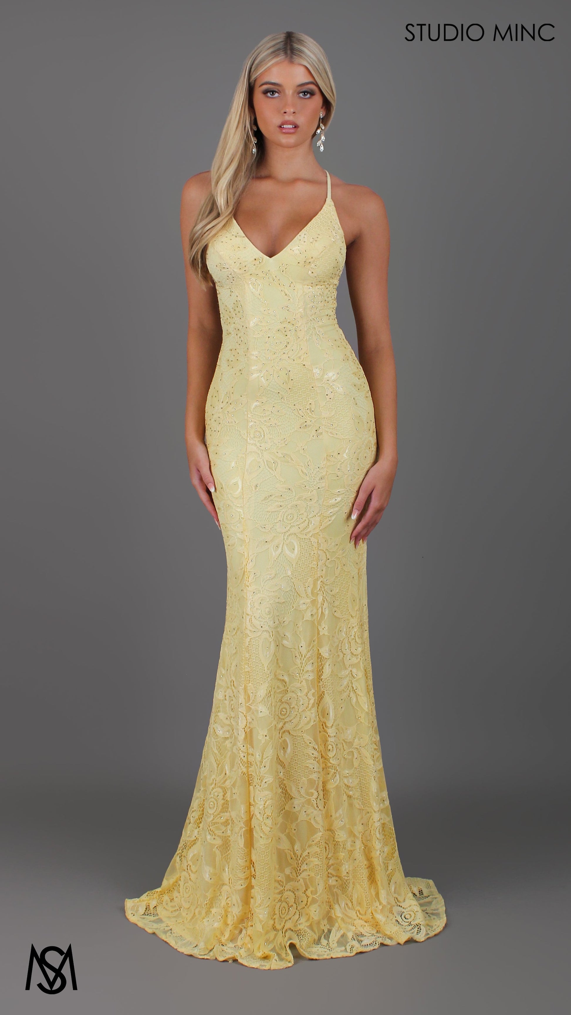 Light yellow formal dress | lace V neckline fitted mermaid lace up Jasmine Lace Mermaid Dress