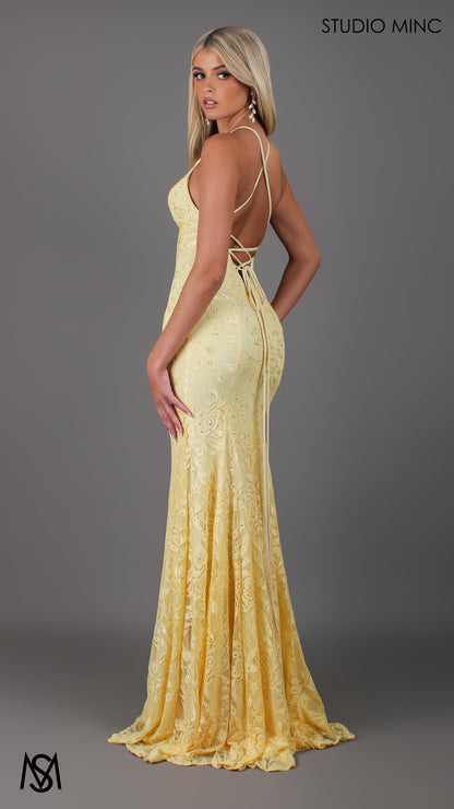 Light yellow formal dress | lace V neckline fitted mermaid lace up Jasmine Lace Mermaid Dress