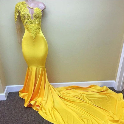 Shoulder Long Sleeve Mermaid Prom Dress with Appliques Margot One-Shoulder Crepe Gown