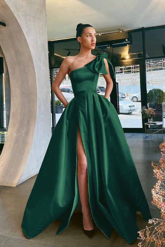 Shoulder Prom Dress Split with Pockets Margot One-Shoulder Crepe Gown