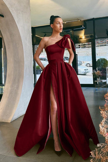 Shoulder Prom Dress Split with Pockets Margot One-Shoulder Crepe Gown