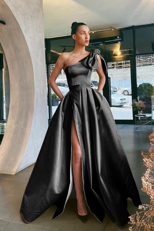 Shoulder Prom Dress Split with Pockets Margot One-Shoulder Crepe Gown