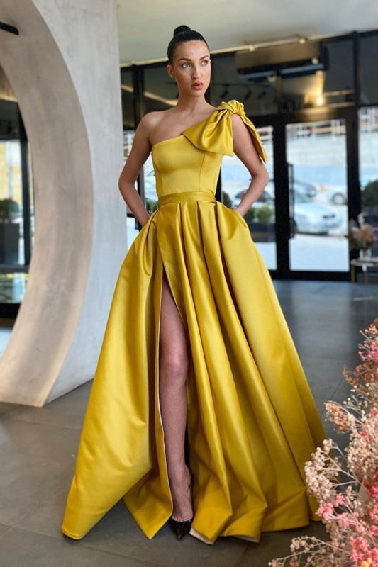 Shoulder Satin Prom Dress Side Split Formal Dress with Pockets Margot One-Shoulder Crepe Gown
