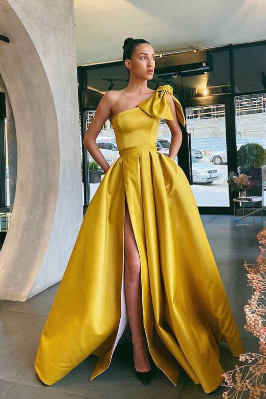 Shoulder Satin Prom Dress Side Split Formal Dress with Pockets Margot One-Shoulder Crepe Gown