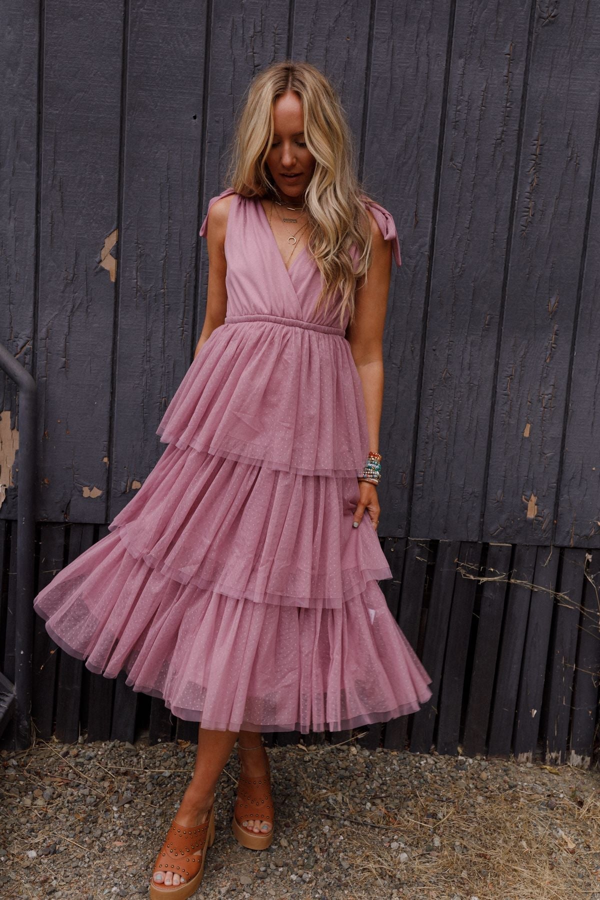 Mauve Arabella Tiered Tulle Dress in Mauve
